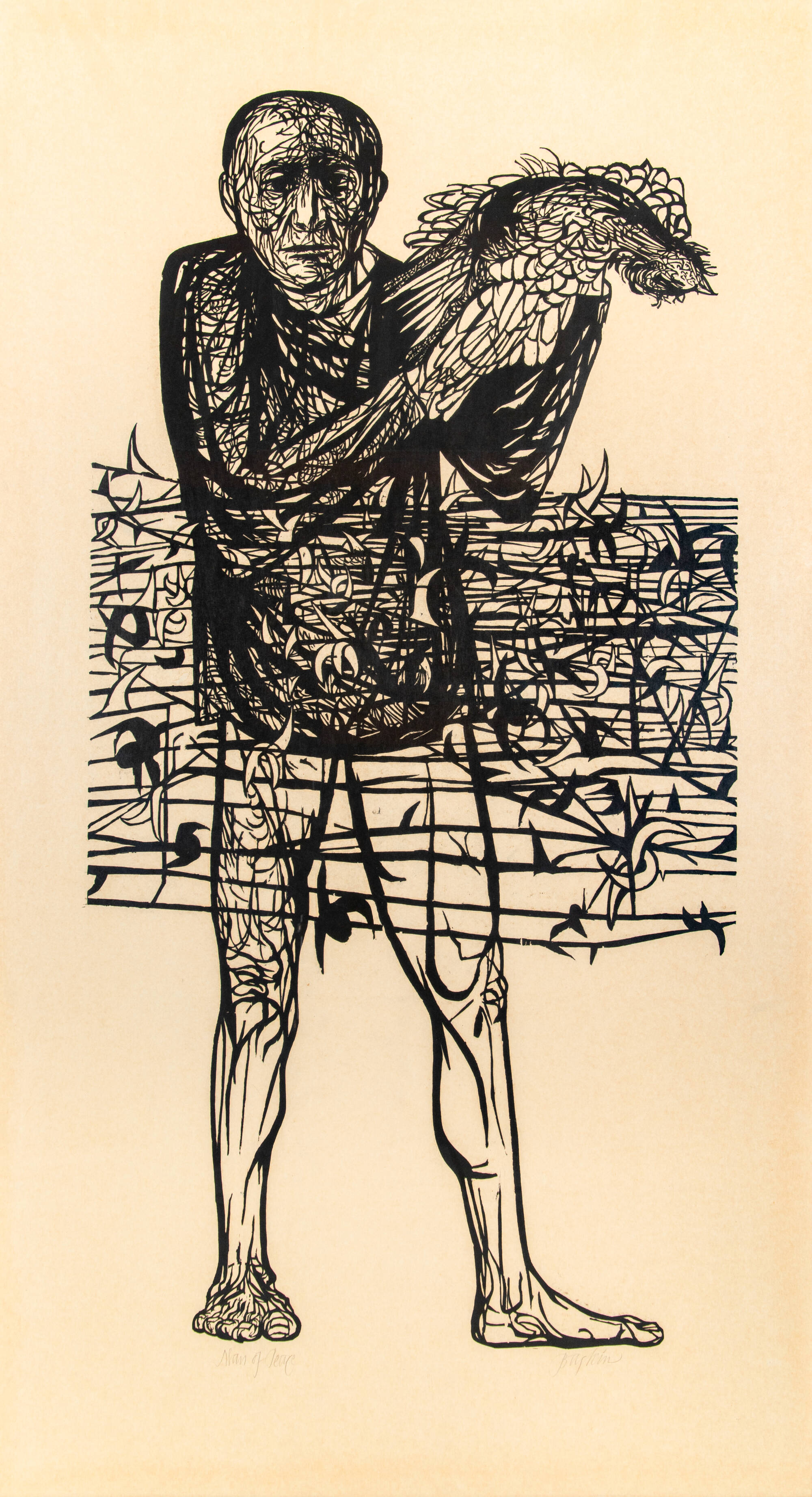 Print of a man holding a chicken behind a barbed wire fence.